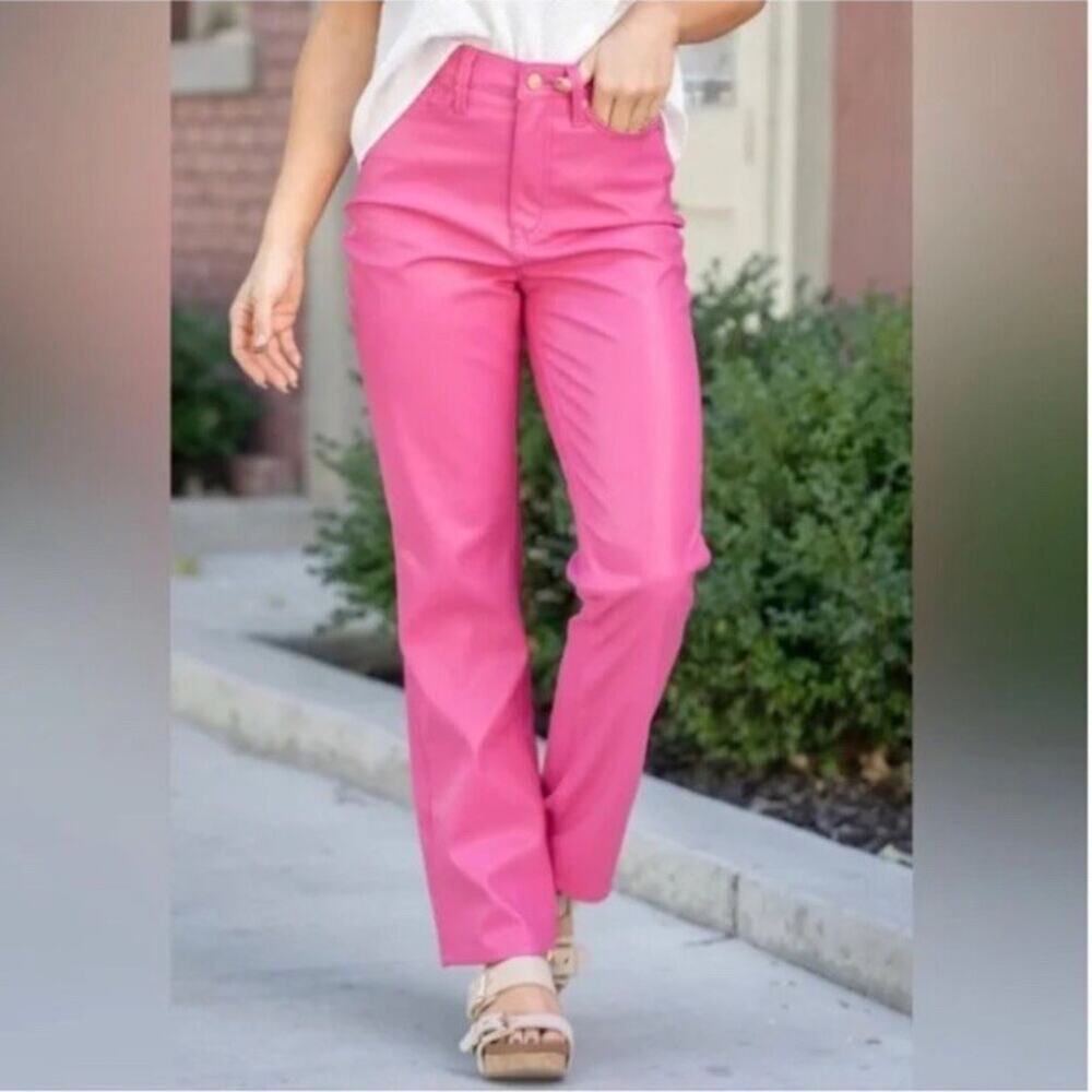 Judy Blue Straight Leg Pants Size 29 Pink Faux Leather High Waist Tummy‎ Control